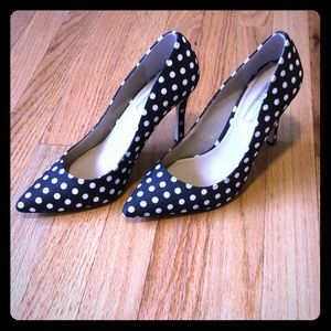 BCBG black & white polka dot heels